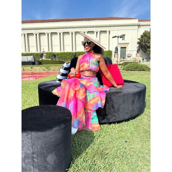 Luxxel Crop Top and Maxi Skirt Set - in Aquarelle Print size S Preloved - Picture 2 of 8